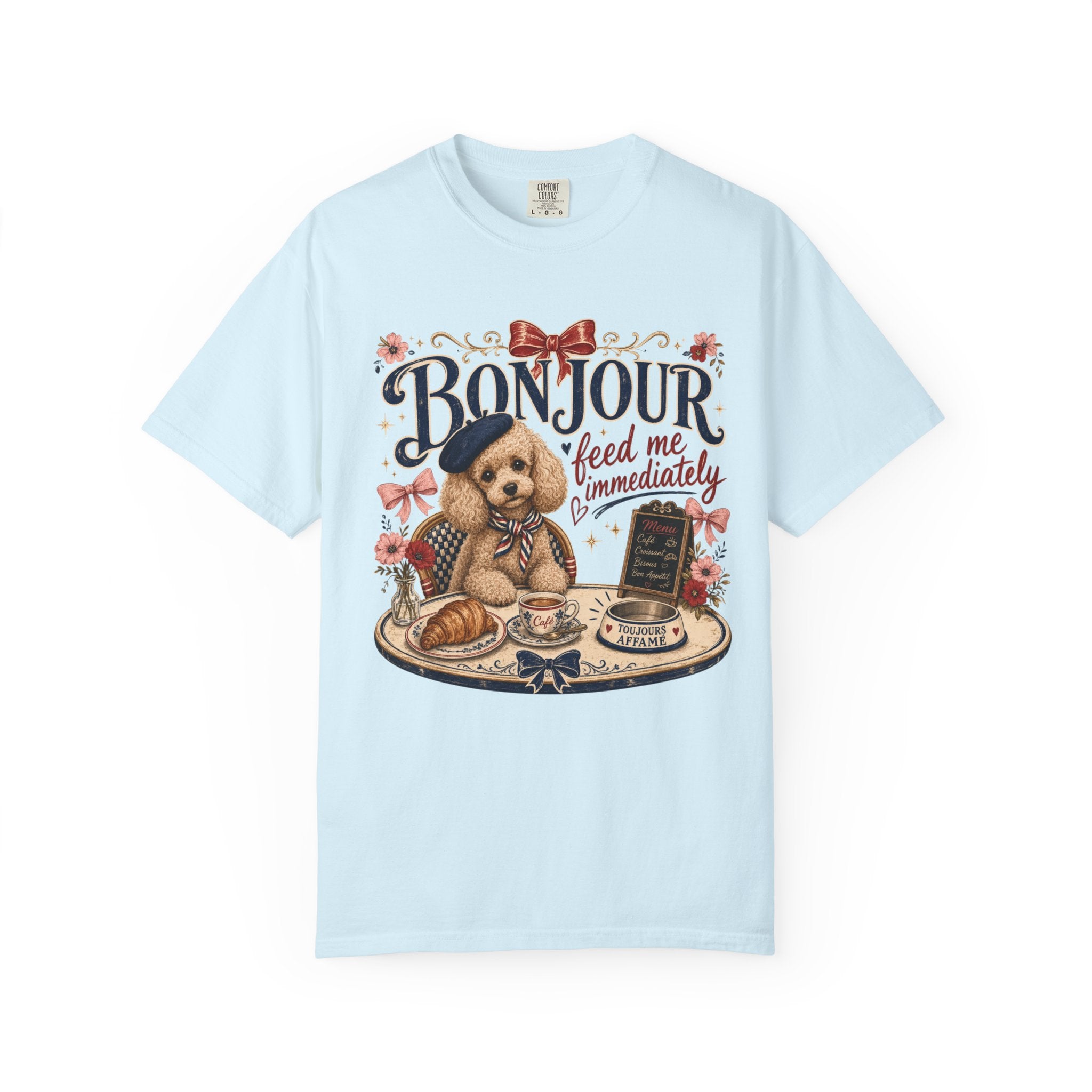 Bonjour Puppy Café T-Shirt — "Bonjour feed me immediately" Cute French Dog Tee
