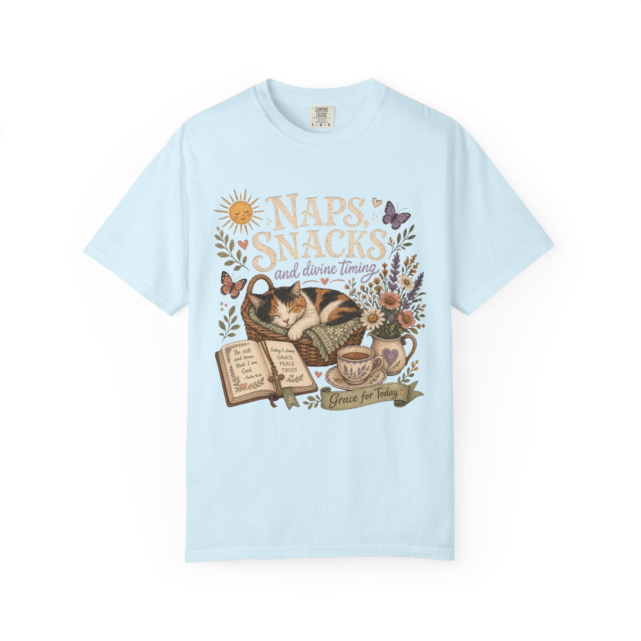 Naps, Snacks & Divine Timing T-Shirt — Cozy Cat Reading Graphic Tee
