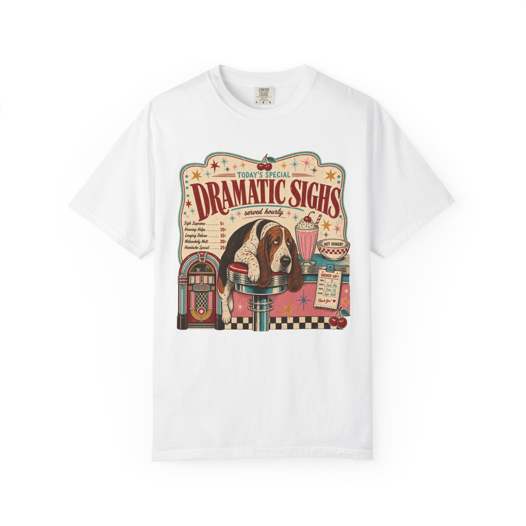Retro Diner Dog T-Shirt — "Dramatic Sighs" Vintage Pet Graphic Tee