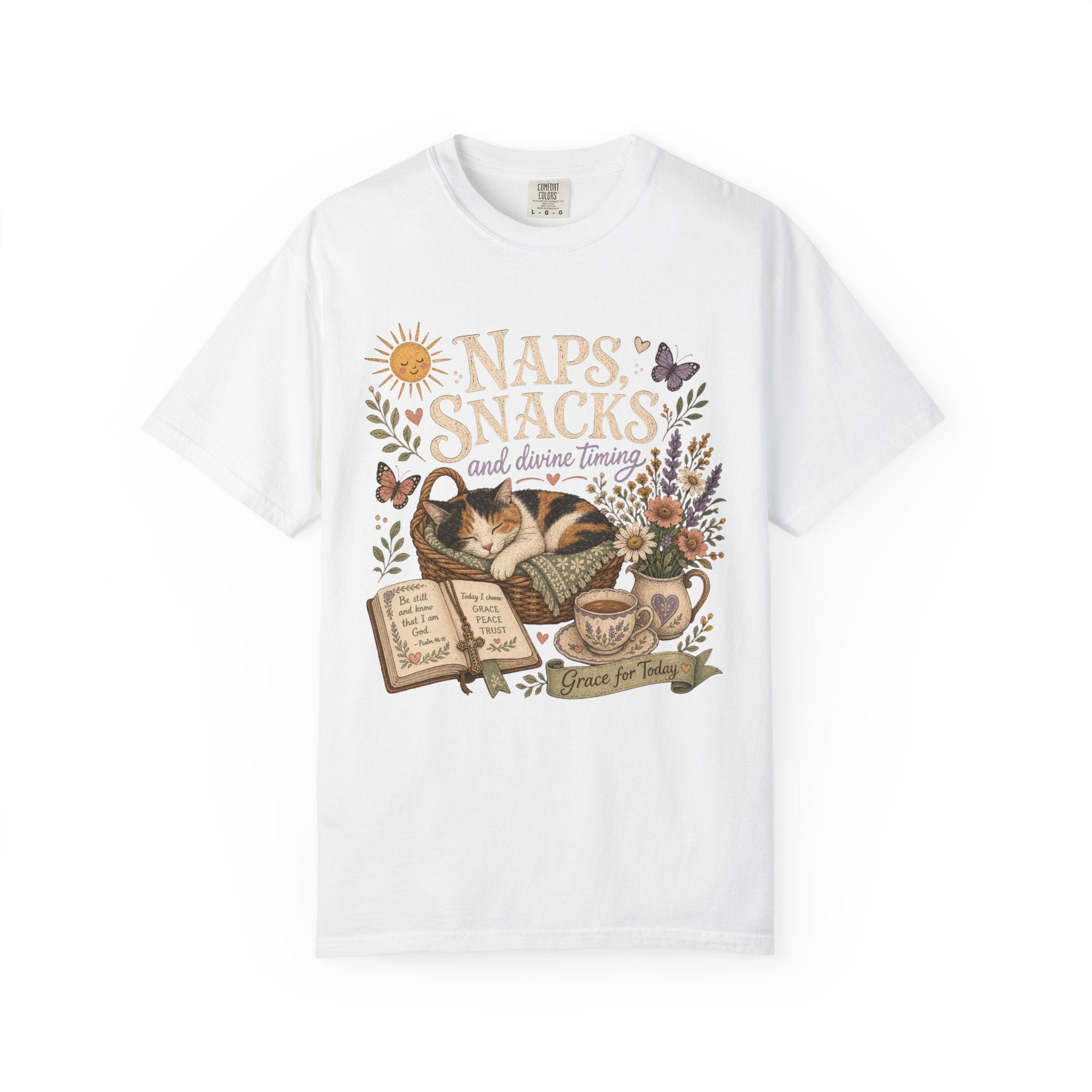 Naps, Snacks & Divine Timing T-Shirt — Cozy Cat Reading Graphic Tee