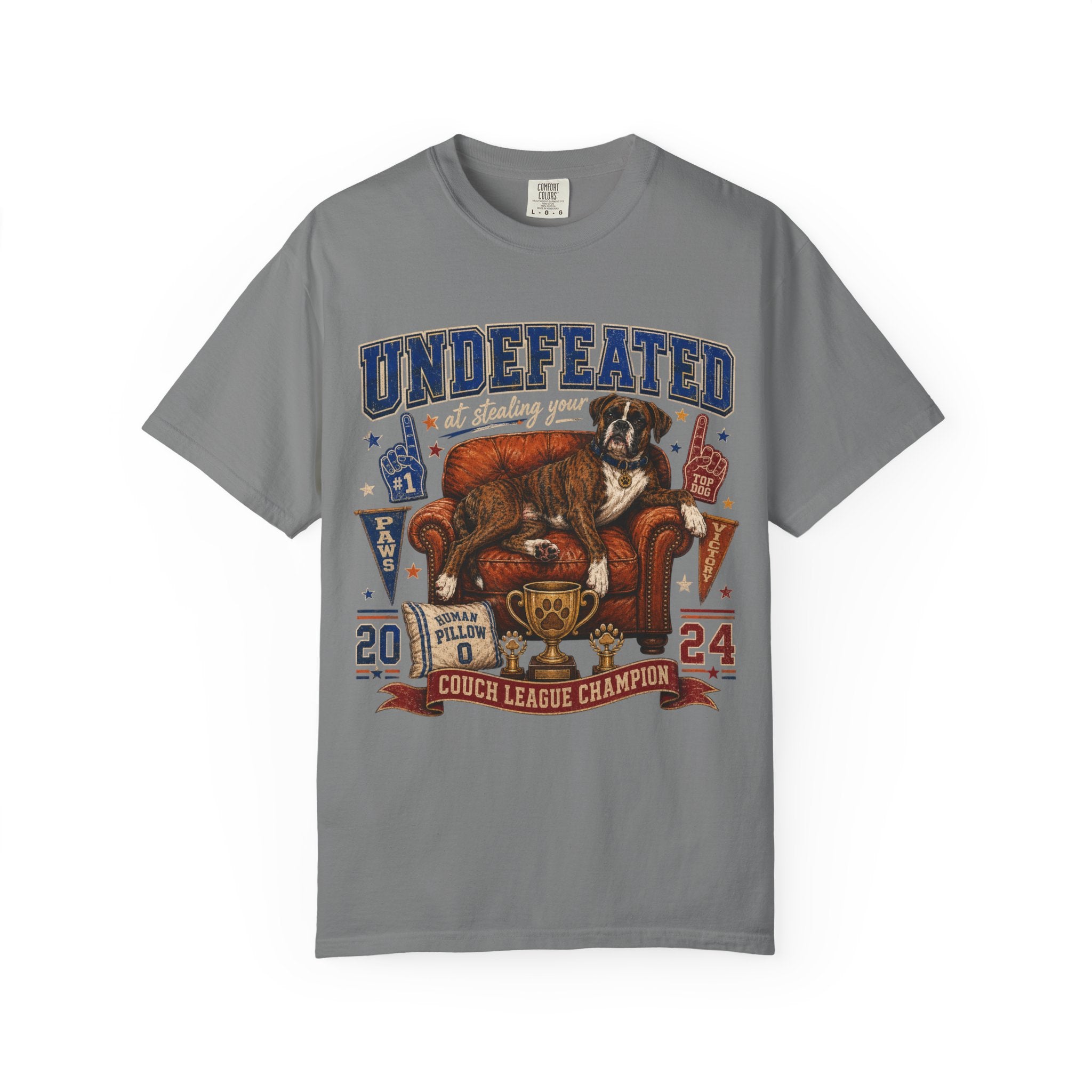 Undefeated Couch League Champion T-Shirt — Retro Dog & Trophy Graphic