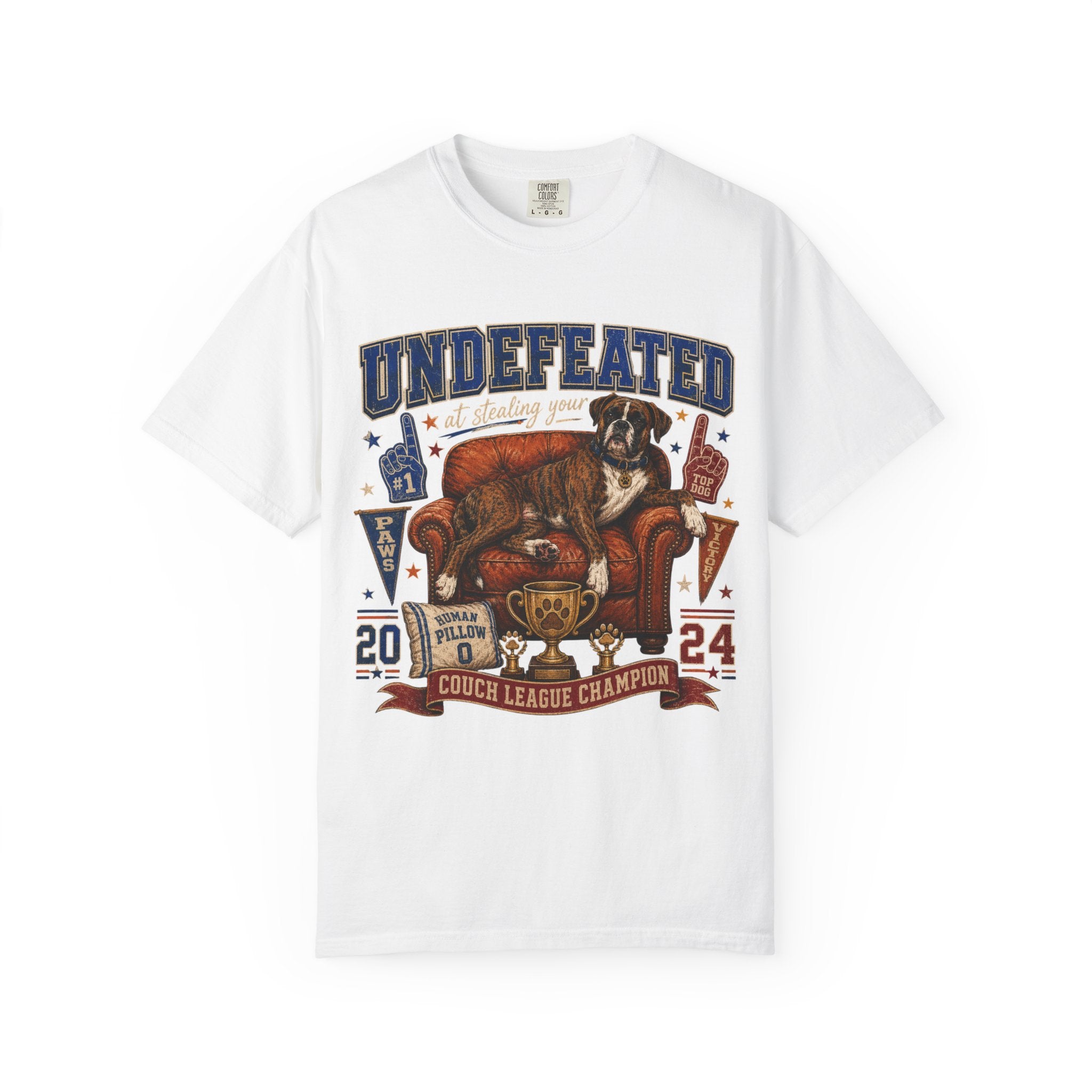 Undefeated Couch League Champion T-Shirt — Retro Dog & Trophy Graphic