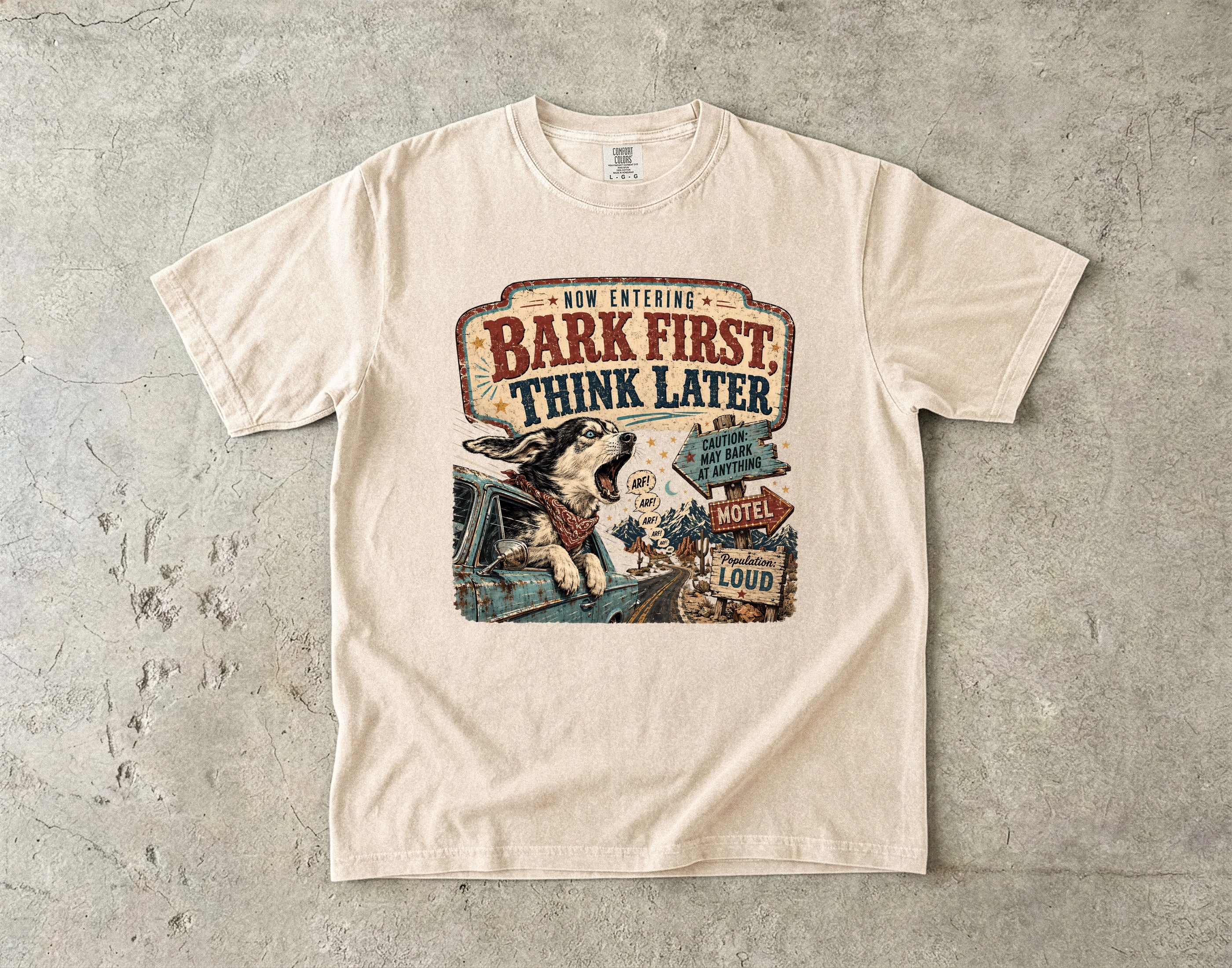 Dog Lover T-Shirt — "Bark First, Think Later" Vintage Graphic Tee