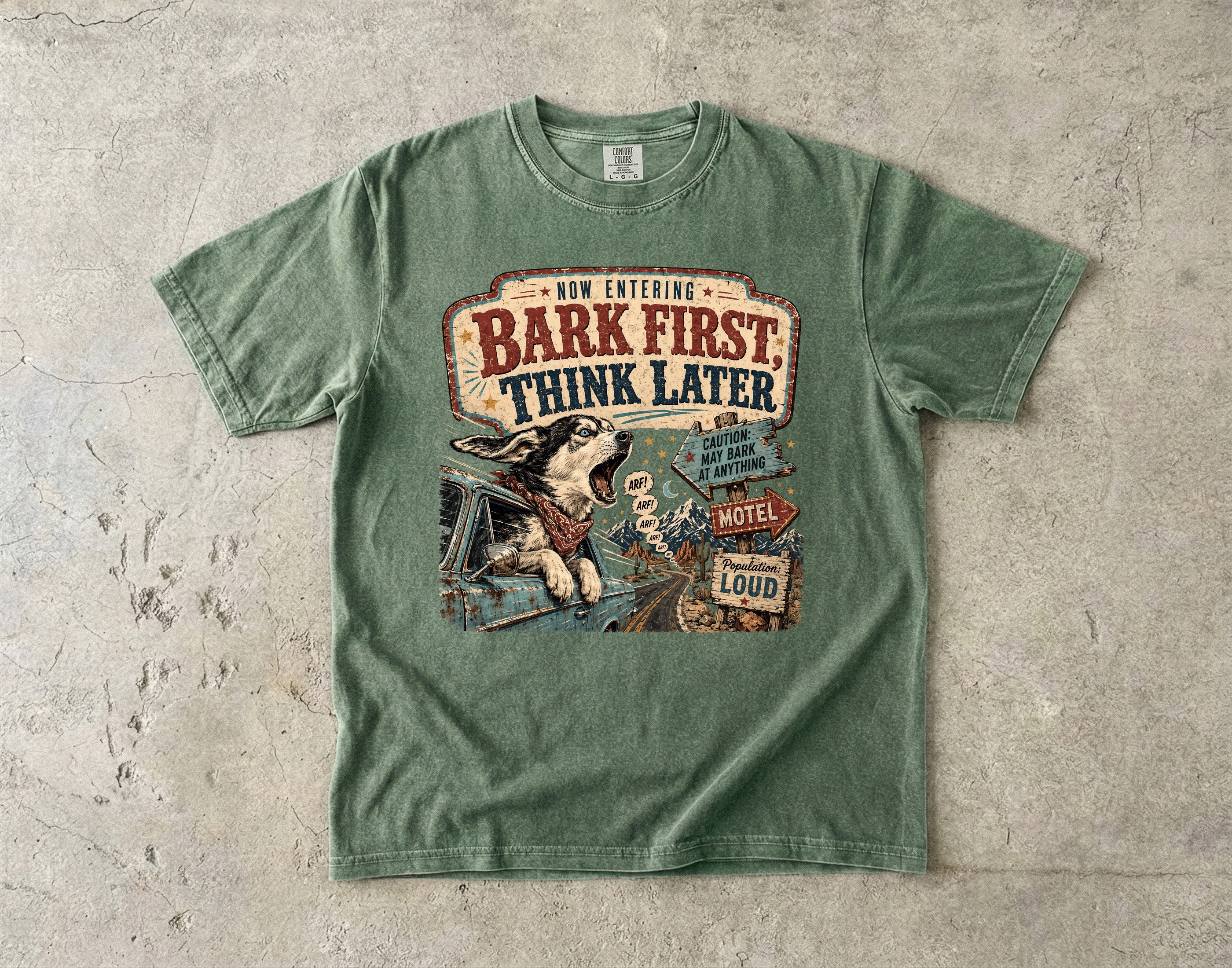 Dog Lover T-Shirt — "Bark First, Think Later" Vintage Graphic Tee