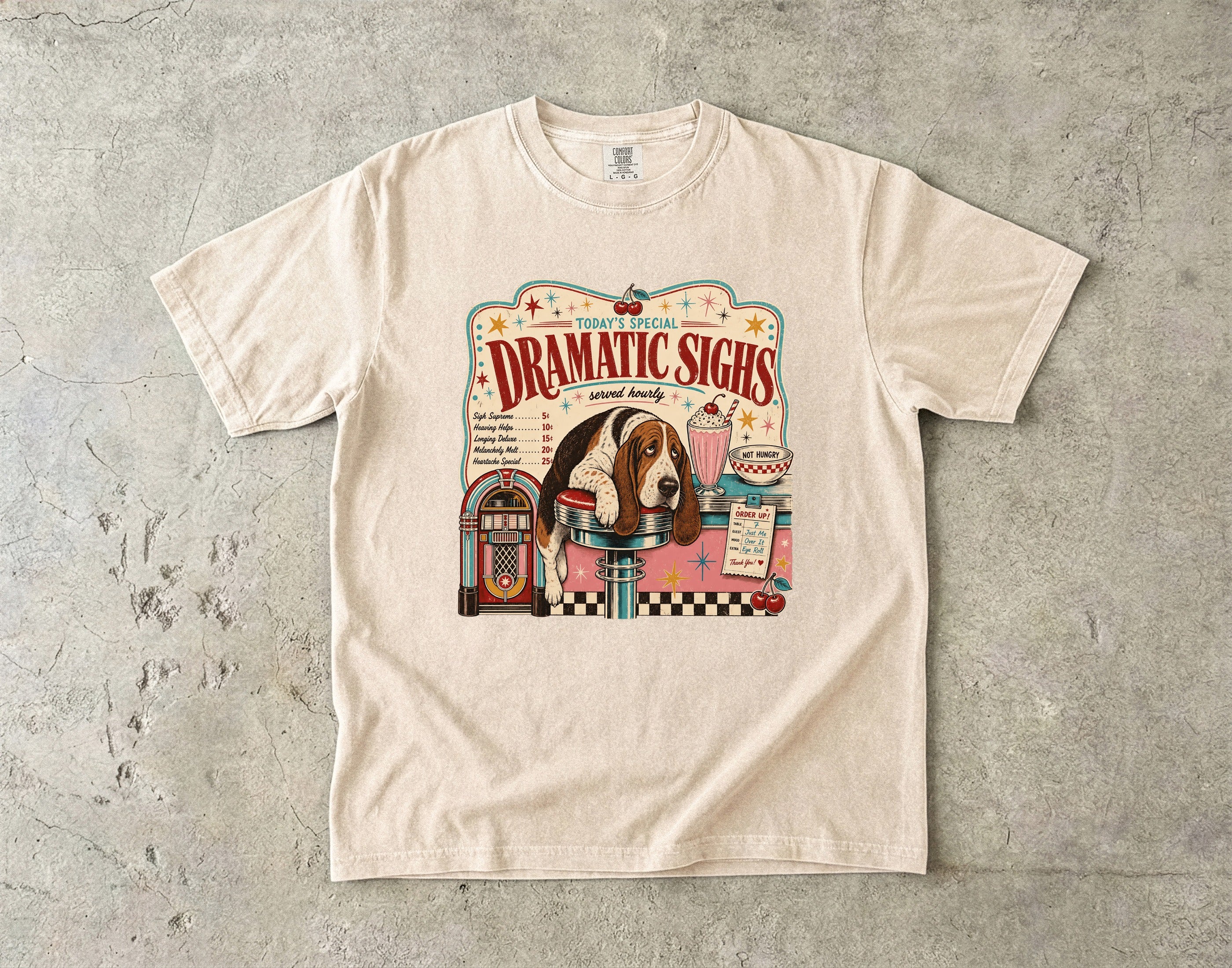 Retro Diner Dog T-Shirt — "Dramatic Sighs" Vintage Pet Graphic Tee