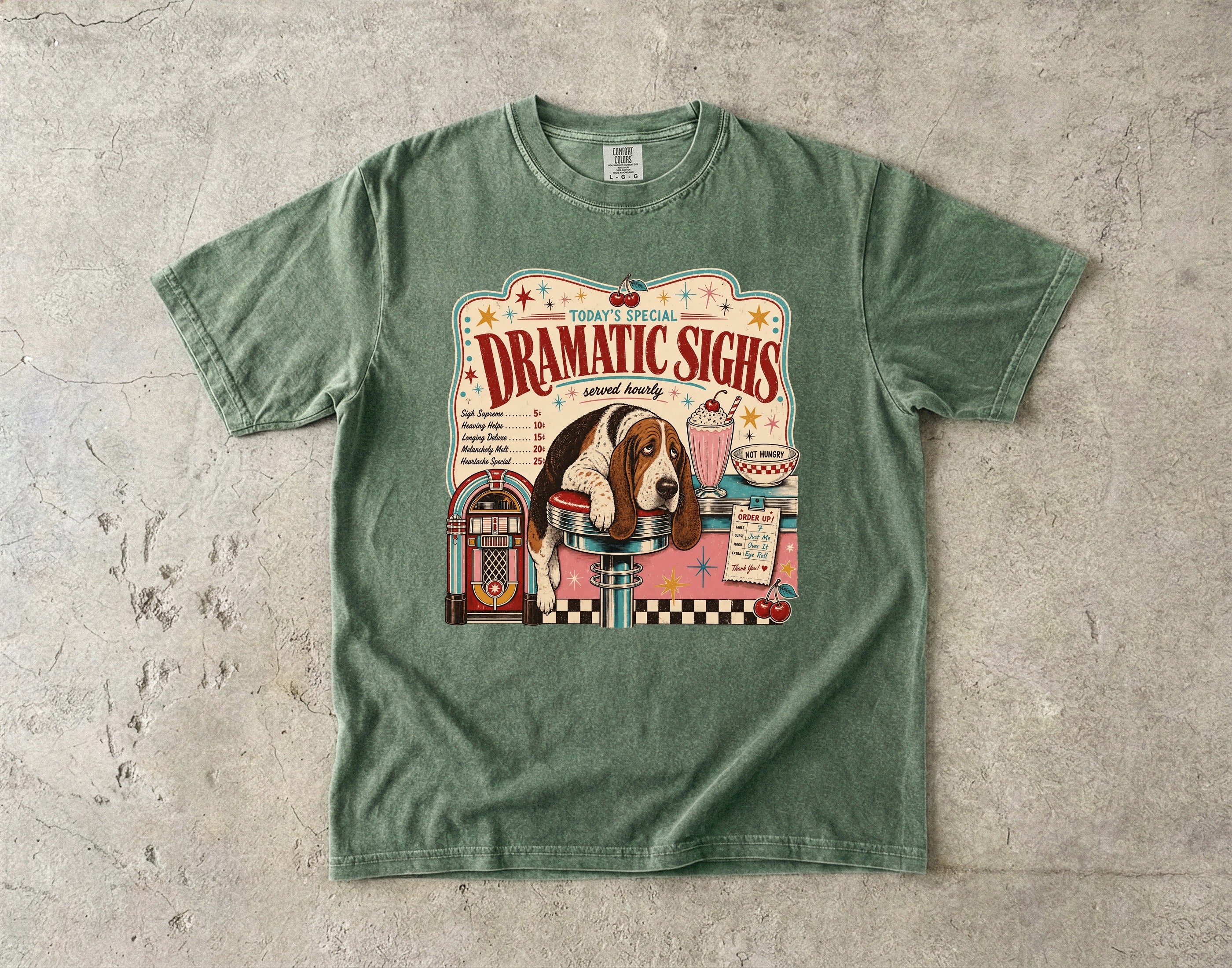 Retro Diner Dog T-Shirt — "Dramatic Sighs" Vintage Pet Graphic Tee