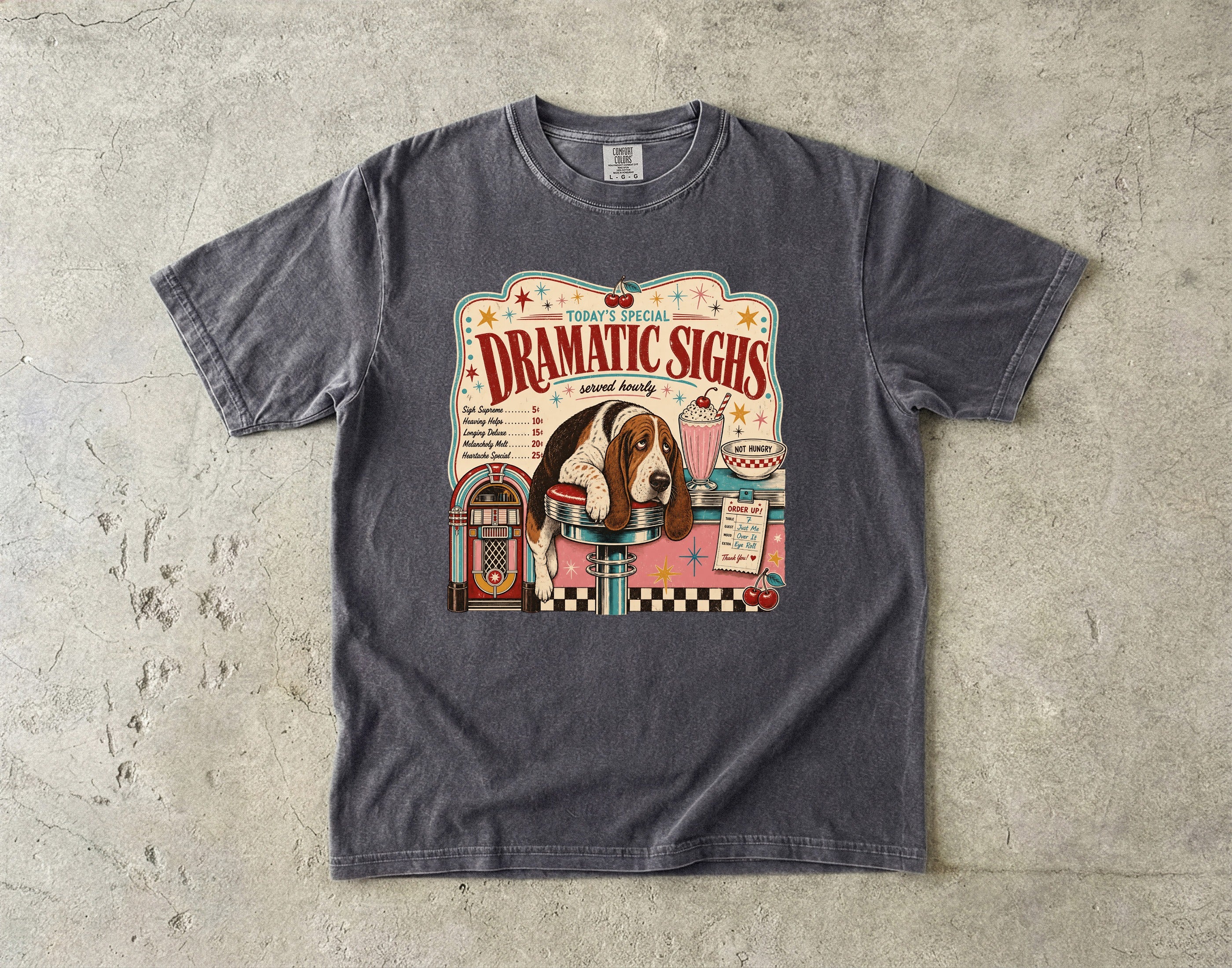Retro Diner Dog T-Shirt — "Dramatic Sighs" Vintage Pet Graphic Tee