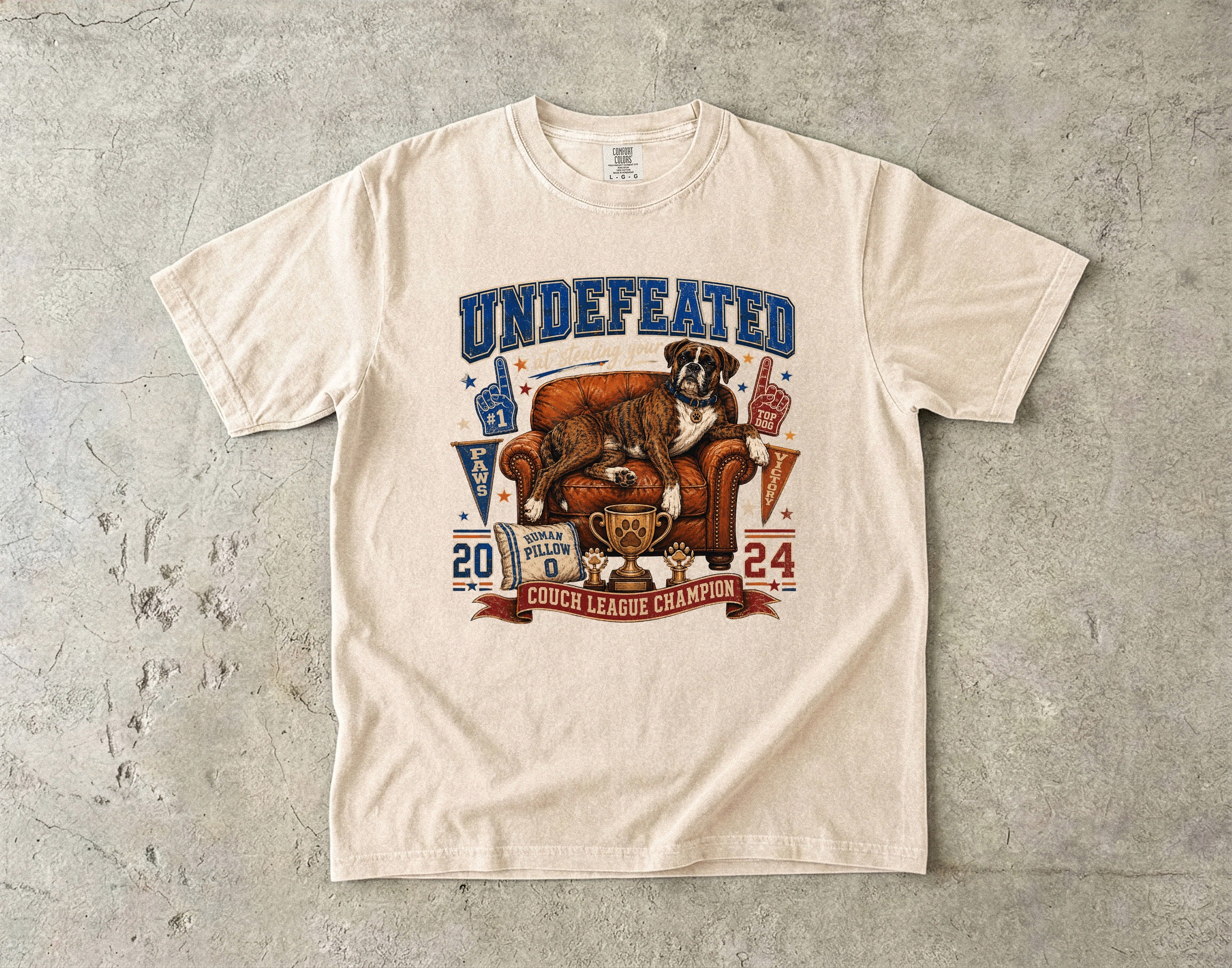 Undefeated Couch League Champion T-Shirt — Retro Dog & Trophy Graphic