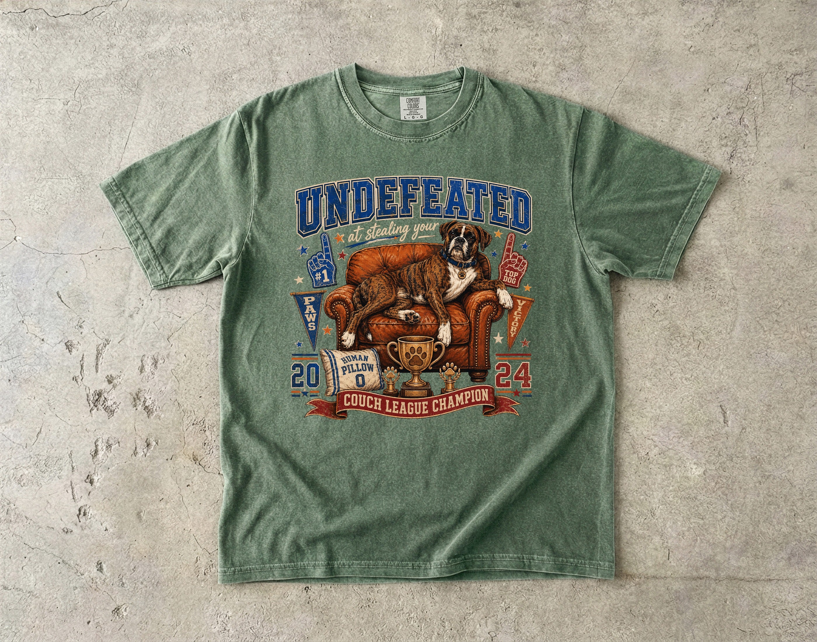 Undefeated Couch League Champion T-Shirt — Retro Dog & Trophy Graphic