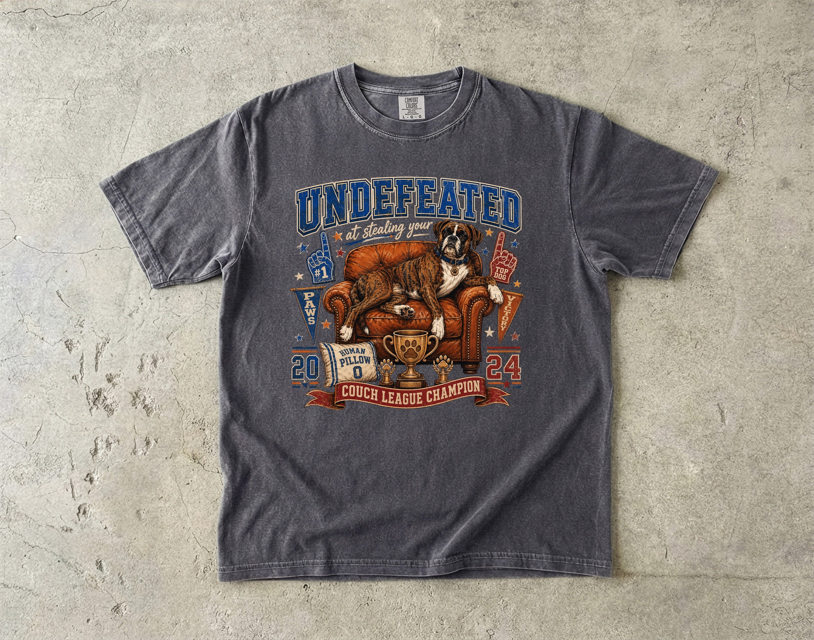 Undefeated Couch League Champion T-Shirt — Retro Dog & Trophy Graphic