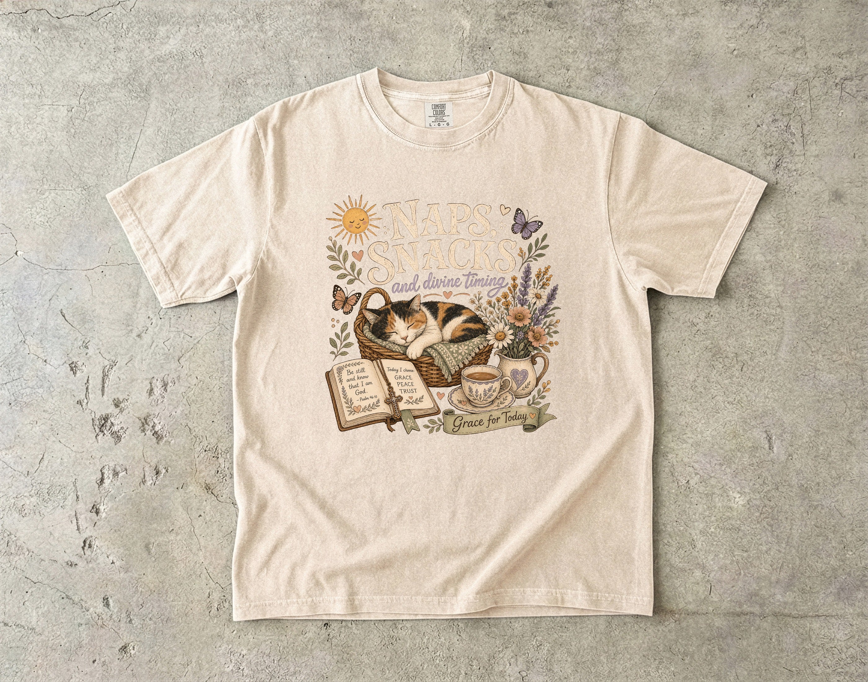 Naps, Snacks & Divine Timing T-Shirt — Cozy Cat Reading Graphic Tee