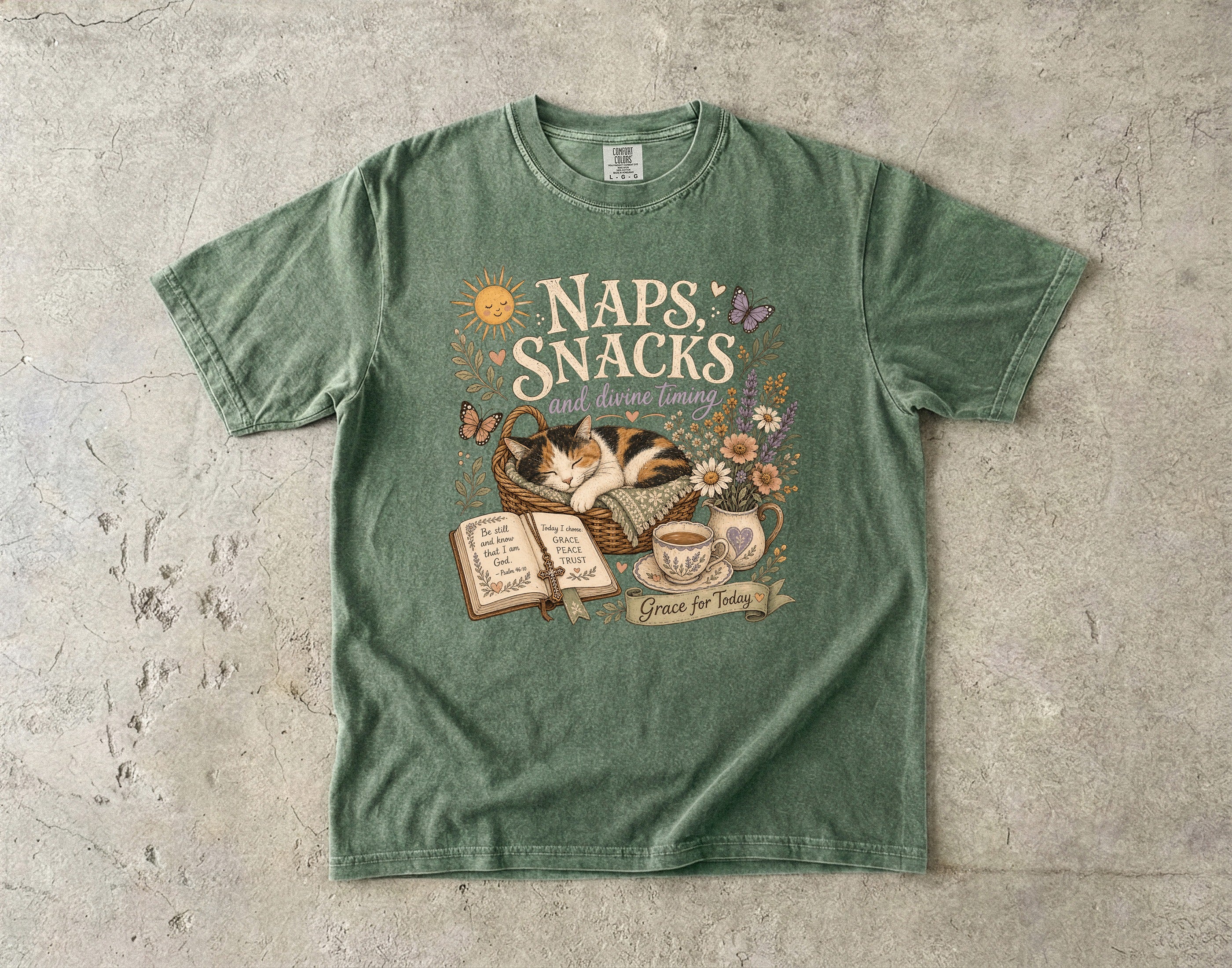 Naps, Snacks & Divine Timing T-Shirt — Cozy Cat Reading Graphic Tee