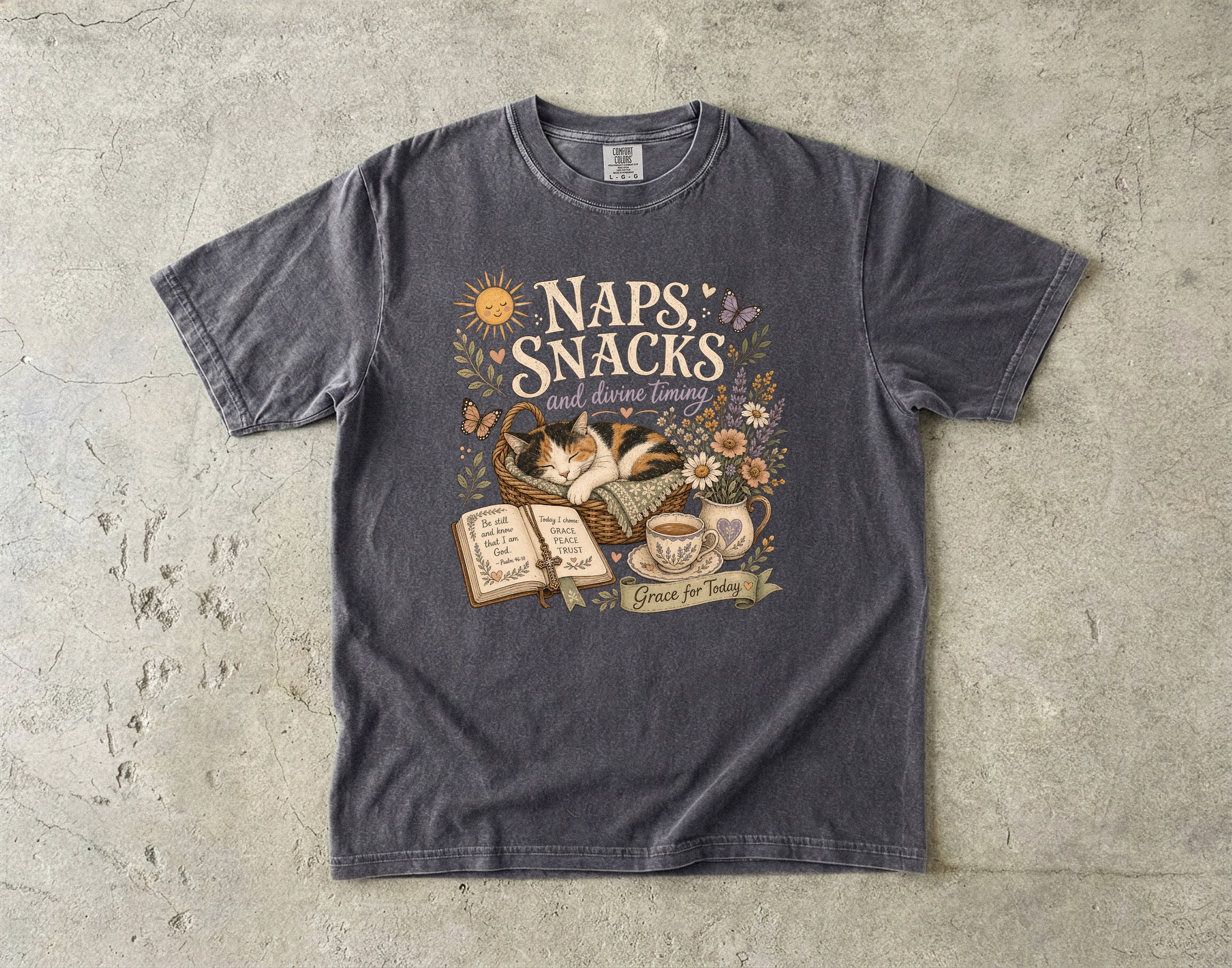 Naps, Snacks & Divine Timing T-Shirt — Cozy Cat Reading Graphic Tee