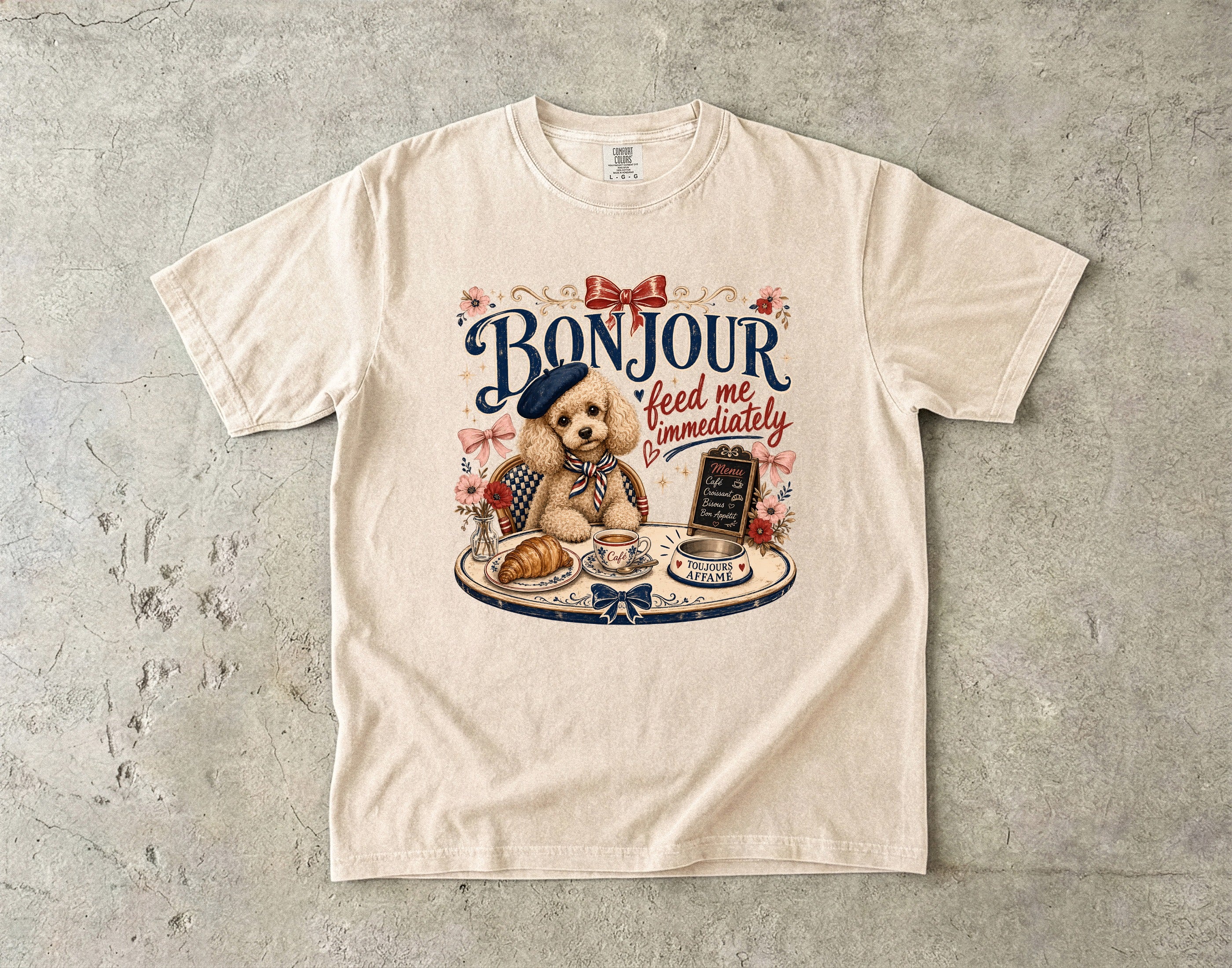 Bonjour Puppy Café T-Shirt — "Bonjour feed me immediately" Cute French Dog Tee