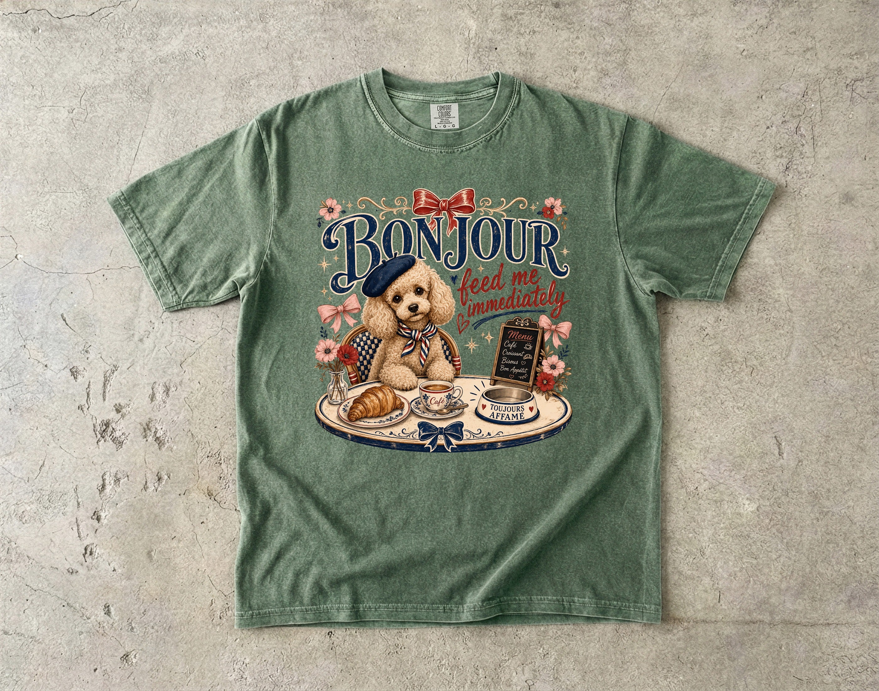 Bonjour Puppy Café T-Shirt — "Bonjour feed me immediately" Cute French Dog Tee