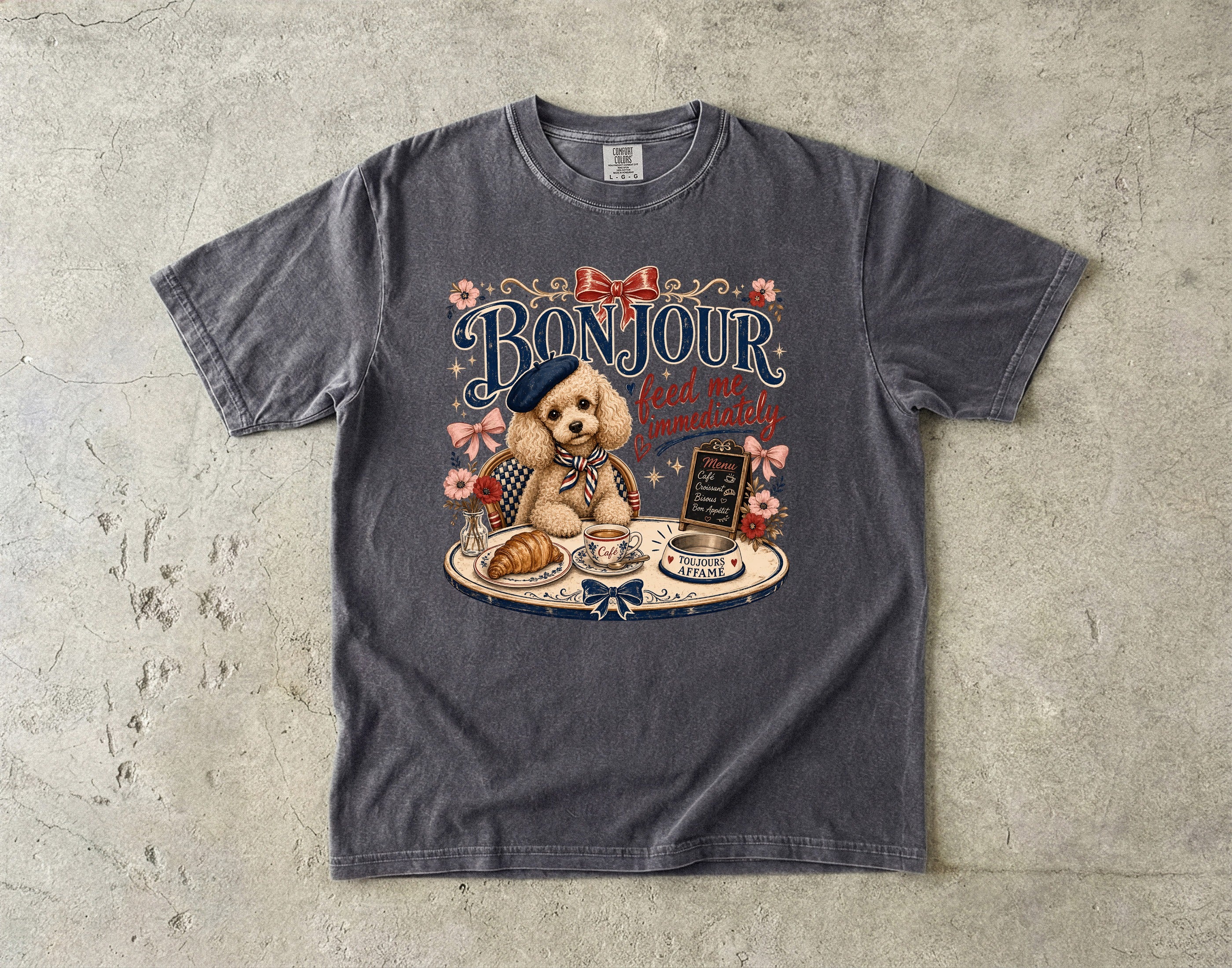 Bonjour Puppy Café T-Shirt — "Bonjour feed me immediately" Cute French Dog Tee