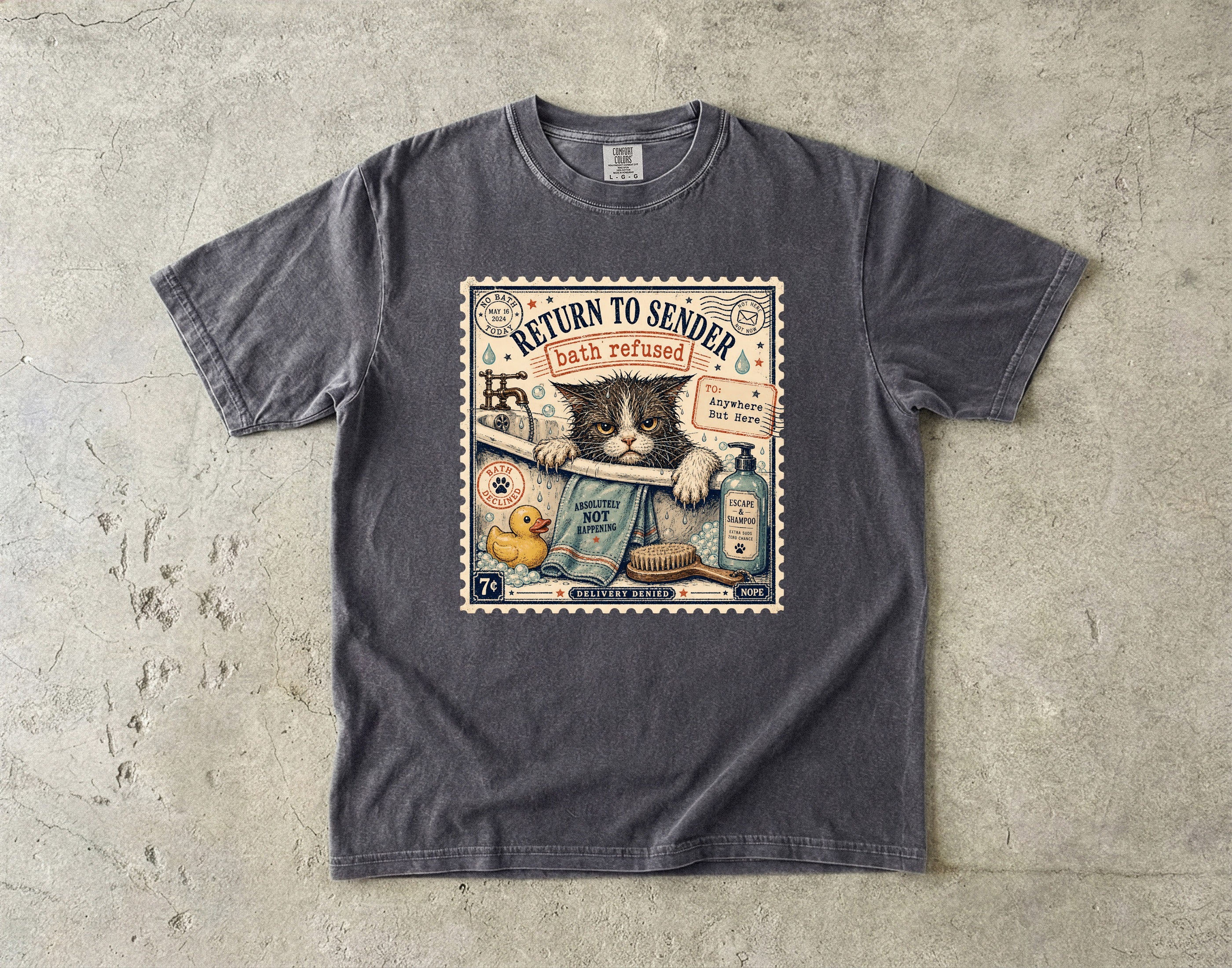 Cat 'Return to Sender - Bath Refused' Vintage Graphic T-Shirt