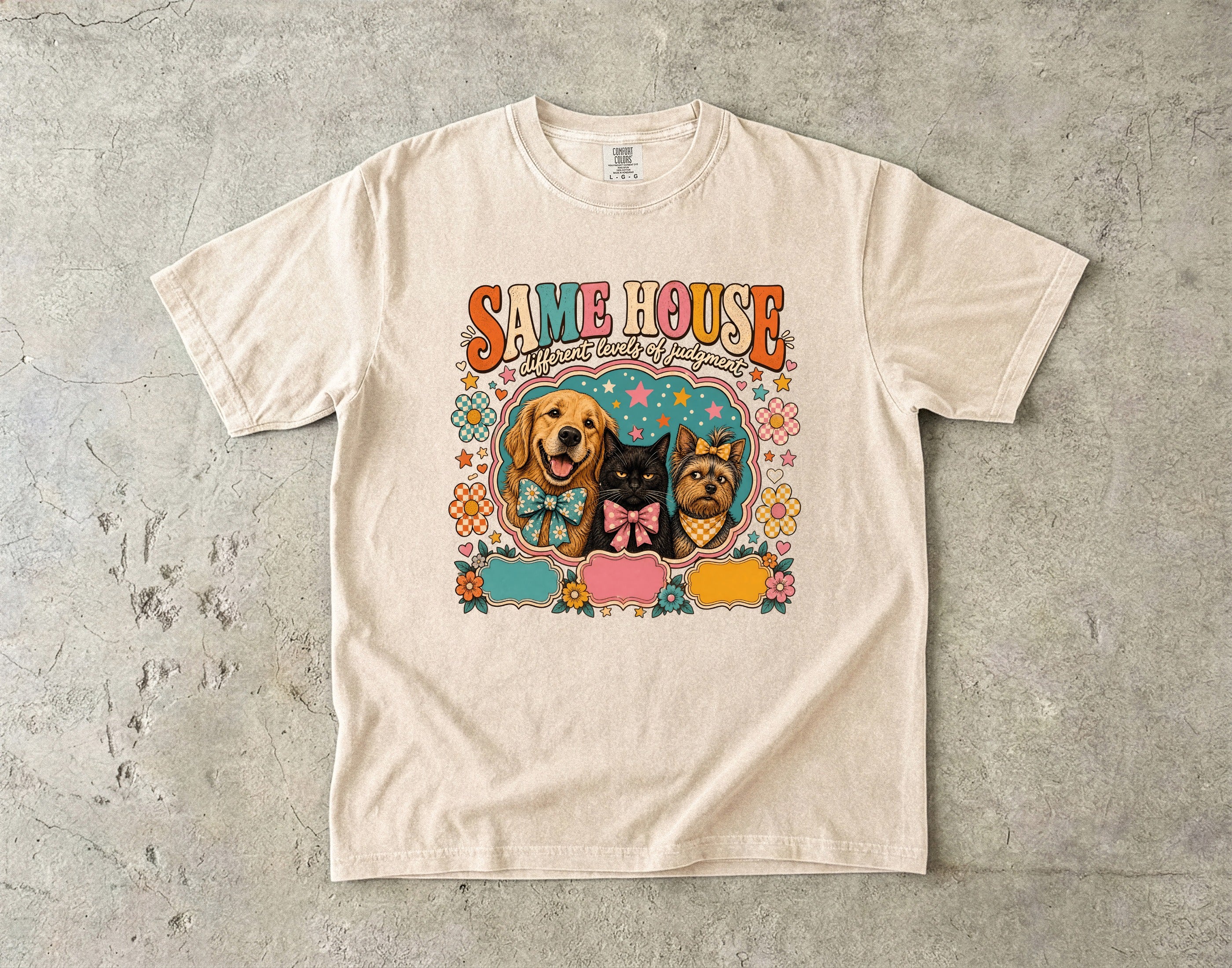 Same House Pets T-Shirt — Retro Floral Dog & Cat Graphic Tee