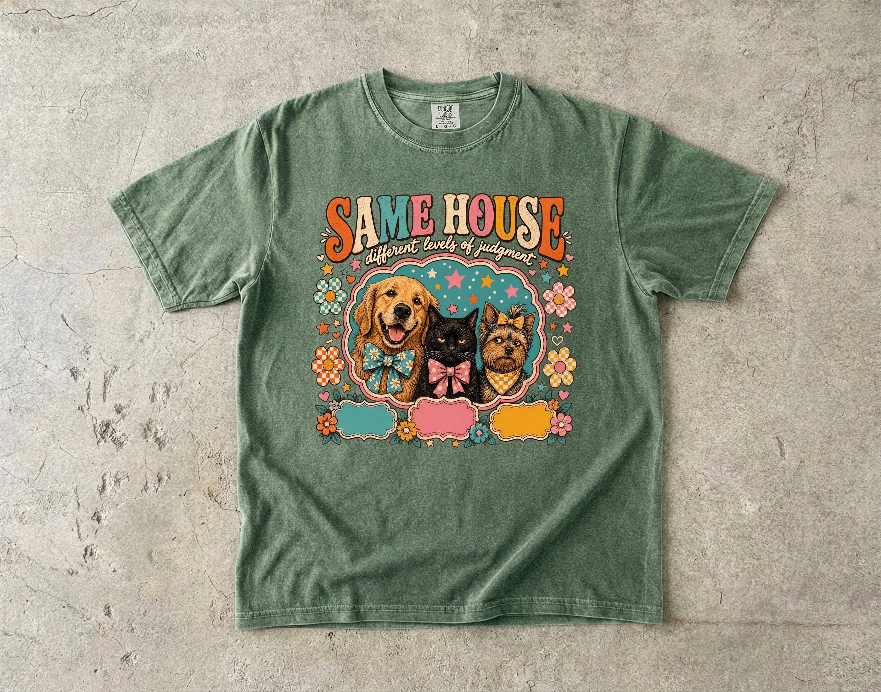 Same House Pets T-Shirt — Retro Floral Dog & Cat Graphic Tee