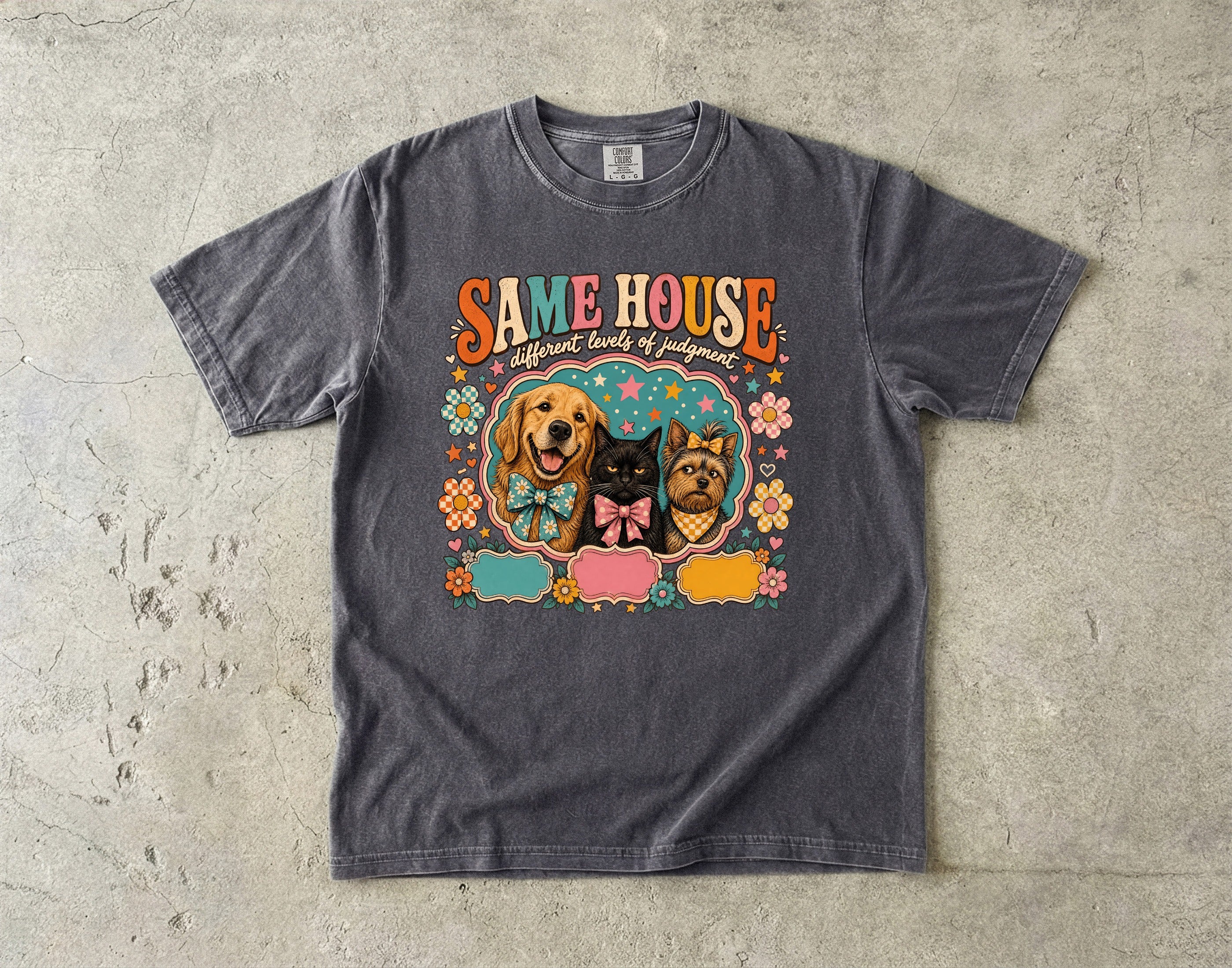 Same House Pets T-Shirt — Retro Floral Dog & Cat Graphic Tee