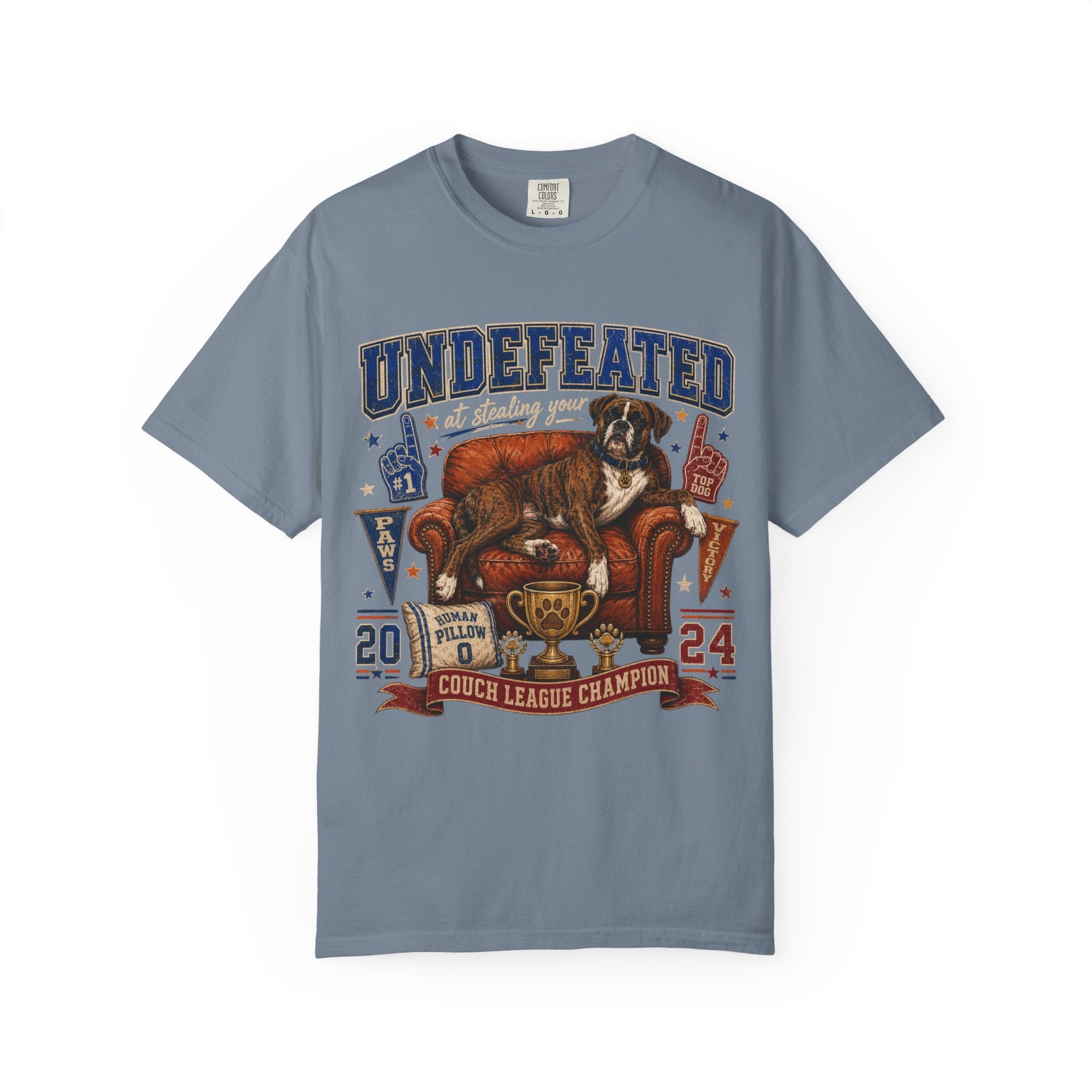 Undefeated Couch League Champion T-Shirt — Retro Dog & Trophy Graphic