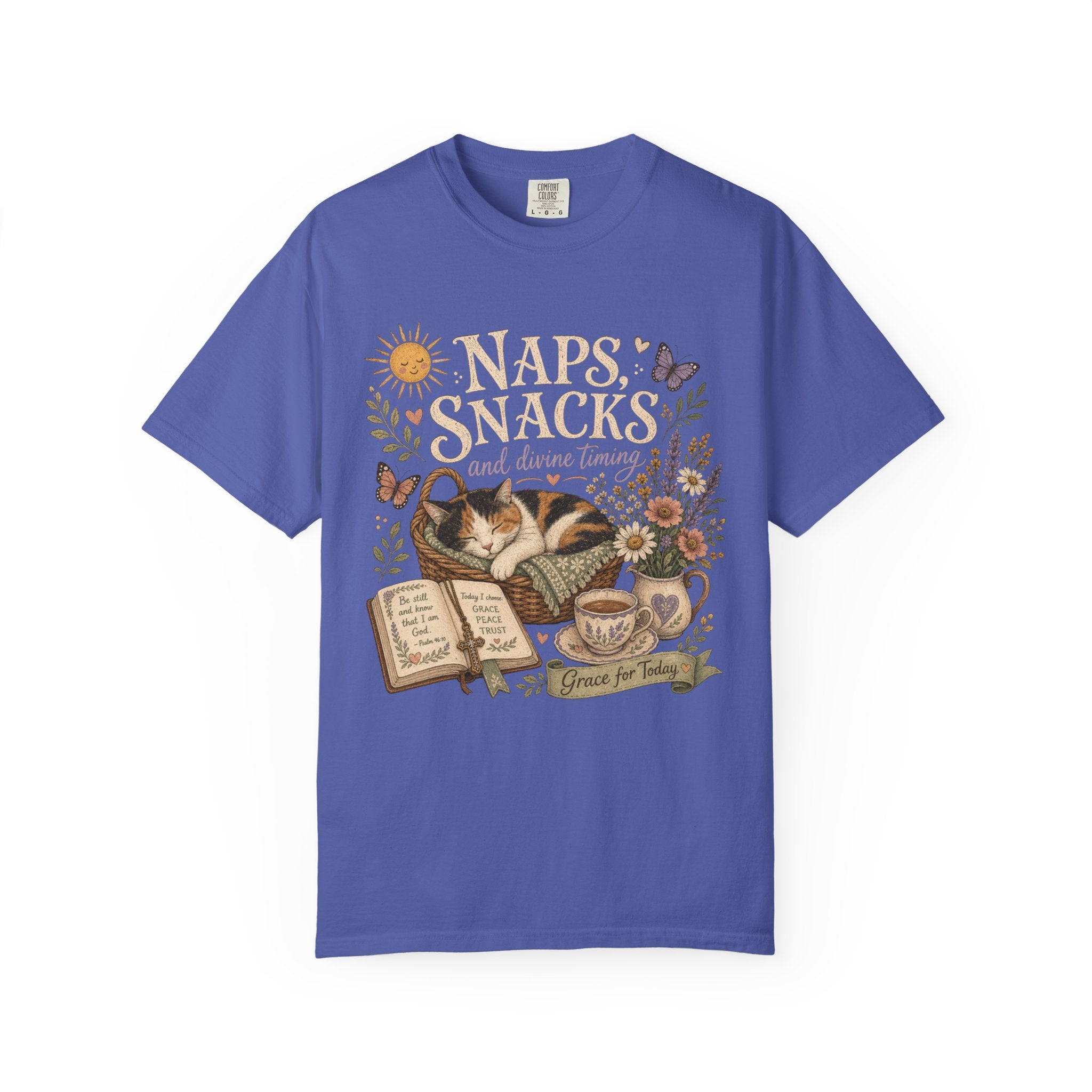 Naps, Snacks & Divine Timing T-Shirt — Cozy Cat Reading Graphic Tee