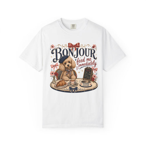 Bonjour Puppy Café T-Shirt — "Bonjour feed me immediately" Cute French Dog Tee