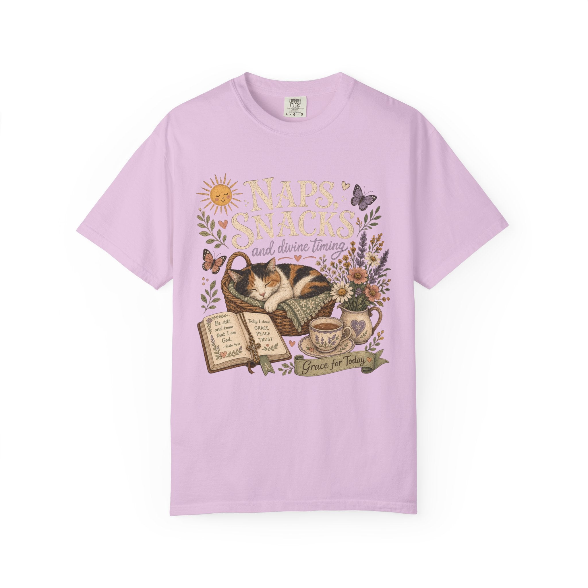 Naps, Snacks & Divine Timing T-Shirt — Cozy Cat Reading Graphic Tee
