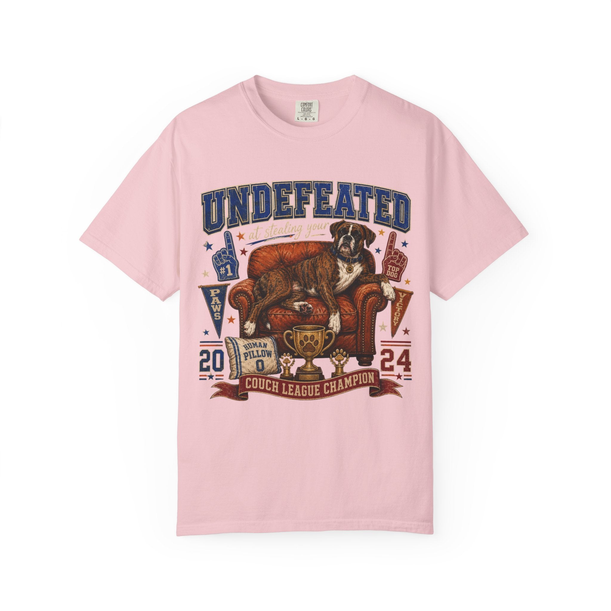 Undefeated Couch League Champion T-Shirt — Retro Dog & Trophy Graphic