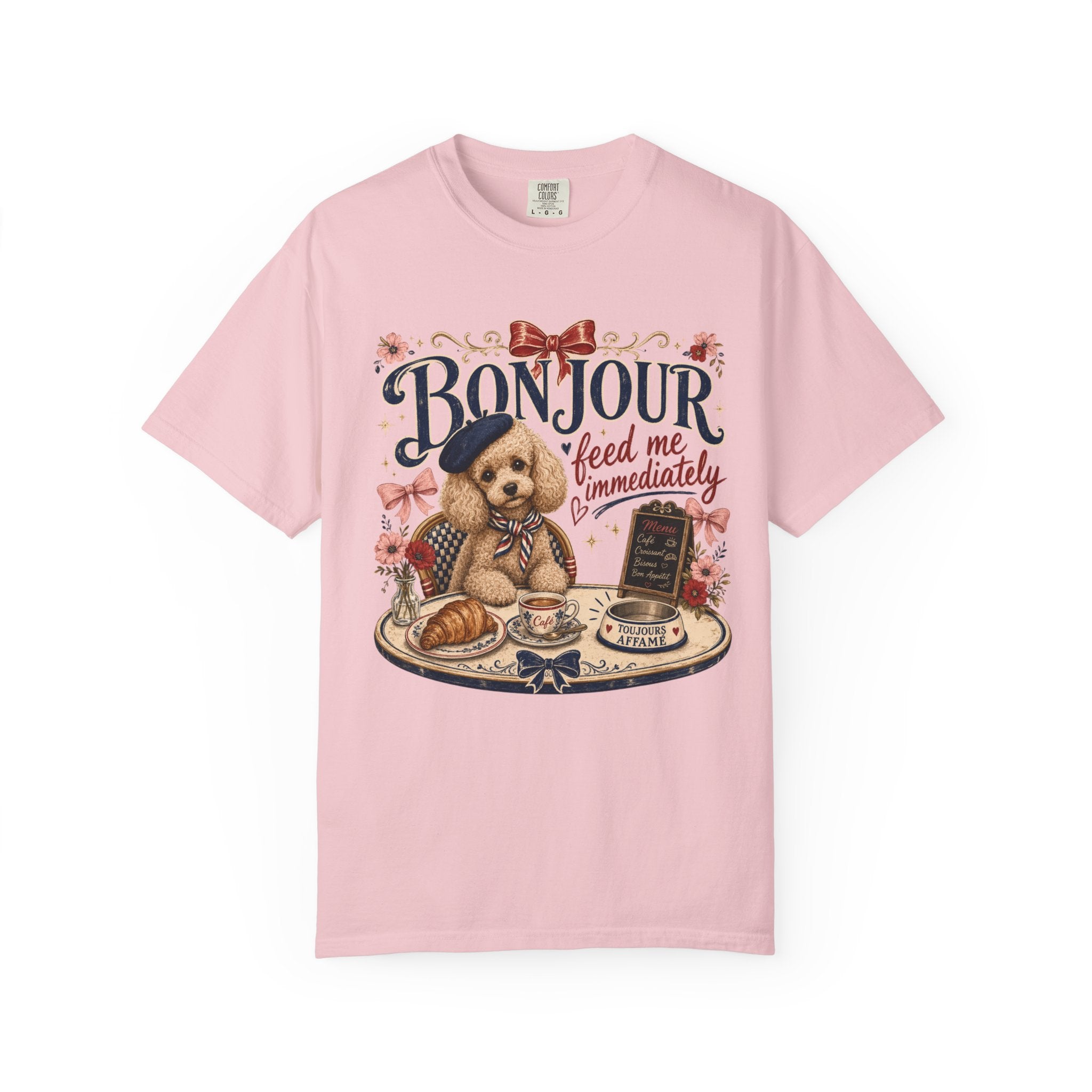 Bonjour Puppy Café T-Shirt — "Bonjour feed me immediately" Cute French Dog Tee