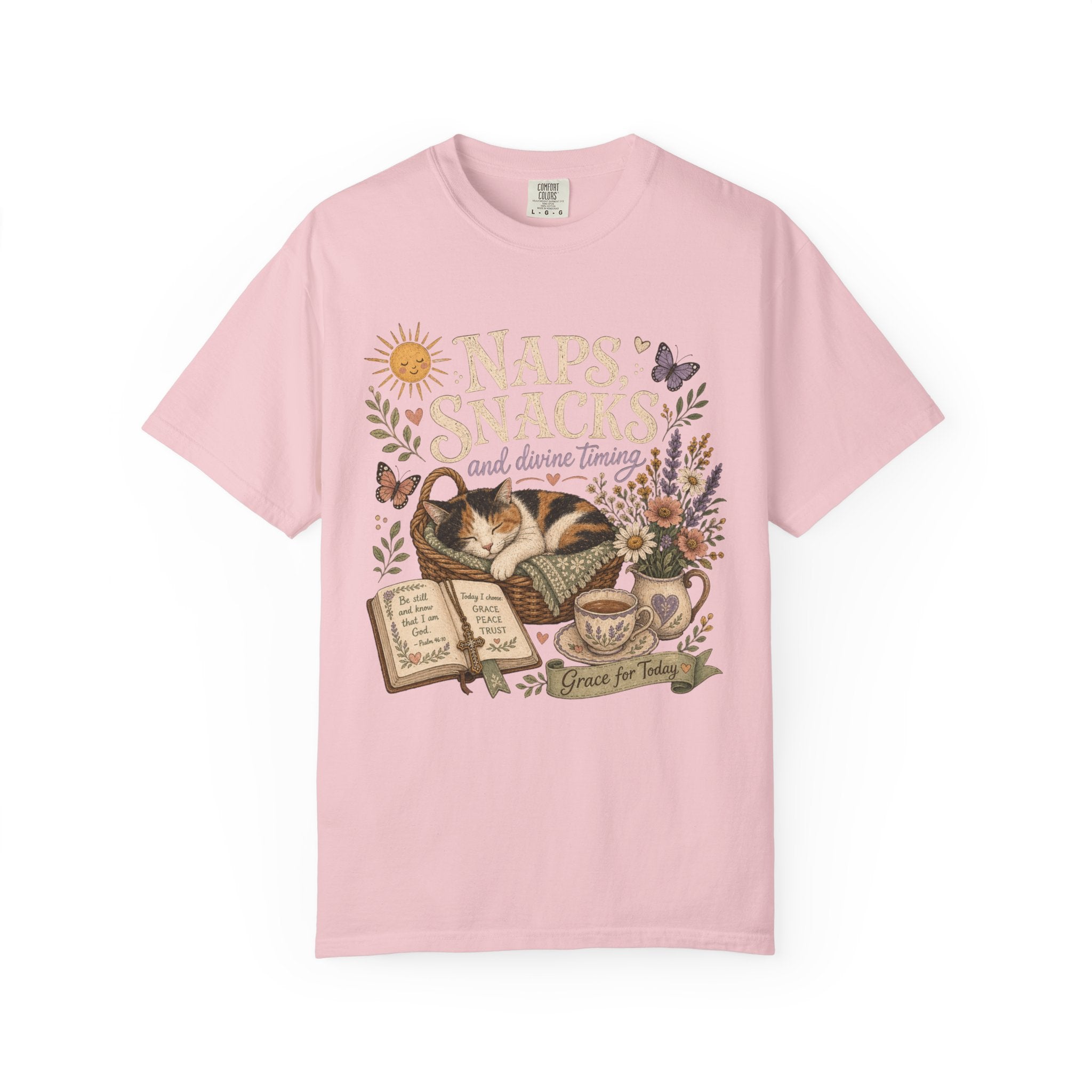 Naps, Snacks & Divine Timing T-Shirt — Cozy Cat Reading Graphic Tee