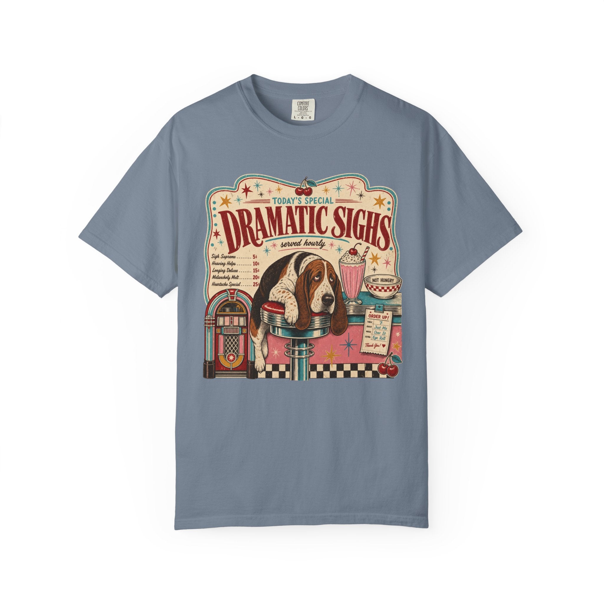 Retro Diner Dog T-Shirt — "Dramatic Sighs" Vintage Pet Graphic Tee